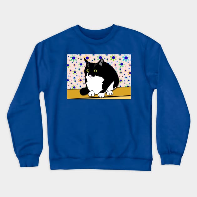 Cute Tuxedo Fatty Cat Sitting on the Bench  copyright TeAnne Crewneck Sweatshirt by TeAnne